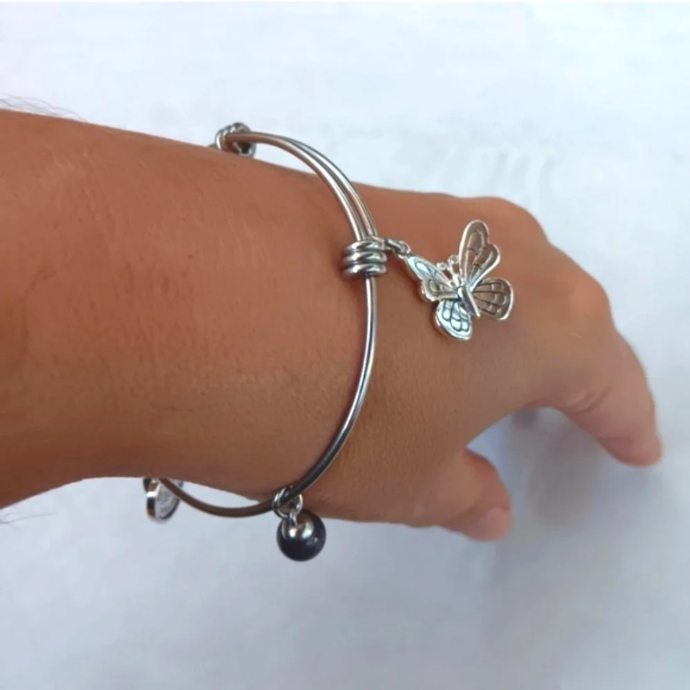 Love This Life Butterfly Charm Bangle Bracelet | EUC | Stainless Steel
